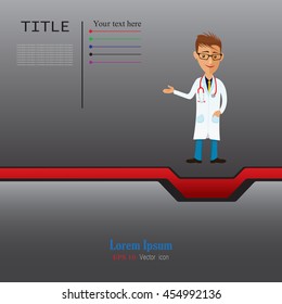 Funny doctor presenting action. Vector cartoon image of man doctor  in glasses, in white medical coat, blue trousers with stethoscope around his neck, standing and smiling. Web Banner