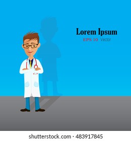 Funny doctor. Vector cartoon image of man doctor  in glasses, in white medical coat, blue trousers with stethoscope around his neck, standing and smiling. Vector illustration.