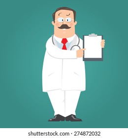 Funny doctor in white coat on blue-green background pointing on white blank sheet with prescription. Children vector illustration