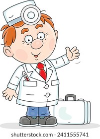 Funny doctor in a white hospital gown and a medical briefcase friendly smiling and waving in greeting, vector cartoon illustration isolated on a white background