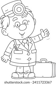 Funny doctor in a white hospital gown and a medical briefcase friendly smiling and waving in greeting, black and white outline vector cartoon illustration for a coloring book