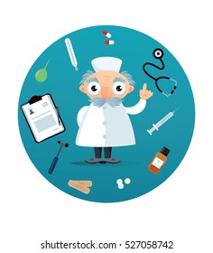Funny doctor in white uniform. Cartoon illustration. Design concept for  pediatric hospital, clinic. Pills, plaster, thermometer,mixture, stethoscope,clyster, syringe,prescription, neurological hammer