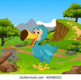 funny dodo bird cartoon in the jungle with landscape background