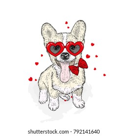 Funny dog in accessories with hearts. Vector illustration for a postcard or a poster, print for clothes. Valentine's Day, love and friendship.