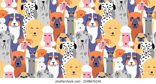 Funny dog animal crowd cartoon seamless pattern in flat illustration style. Cute puppy pet group background, diverse domestic dogs breed wallpaper.