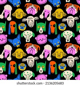 Funny dog animal face icon cartoon seamless pattern in colorful flat illustration style. Cute puppy pet head background, diverse domestic dogs breed wallpaper.