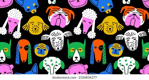 Graciosa caricatura del icono de la cara del perro sin fisuras en el colorido estilo de ilustración plana. Fondo de cabeza de cachorro lindo, papel tapiz de diversos perros domésticos.