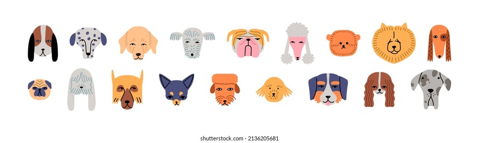 Funny dog animal head cartoon set in modern flat illustration style. Cute puppy pet collection, diverse breeds - domestic dogs bundle.