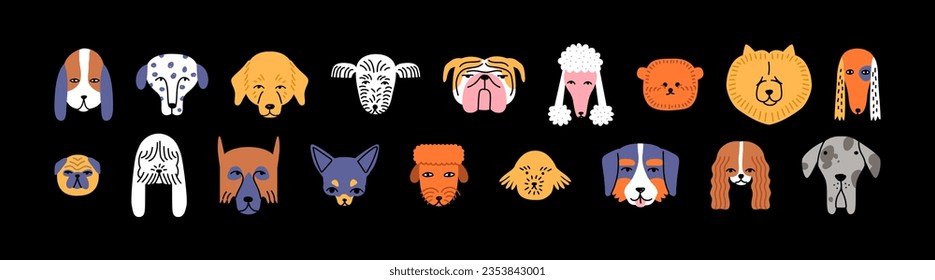 Funny dog animal head cartoon set in modern flat illustration style. Cute puppy pet collection, diverse breeds - domestic dogs bundle.