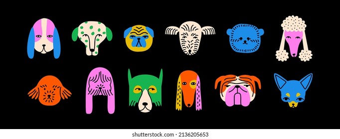 Funny dog animal head icon cartoon set in quirky colorful flat illustration style. Cute doggy pet face collection, diverse domestic dogs.