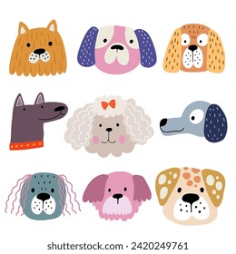 Funny dog animal head icon cartoon set in quirky colorful flat illustration style. Cute doggy pet face collection, diverse domestic dogs