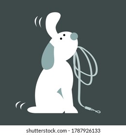 Funny dog ​​spaniel asks to go outside. Sits in anticipation with a leash in his teeth. Vector cartoon illustration.