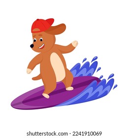 Funny dog in a baseball cap surfing, enjoying outdoor activity. Cute animal character on surfboard cartoon illustration. Summer, extreme water sport concept