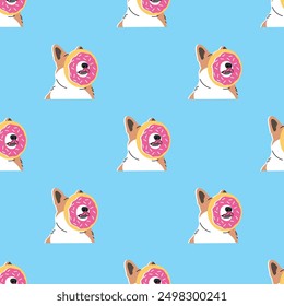 FUNNY DOG WITH A BIG DONUT ON HIS FACE SEAMLESS PATTERN