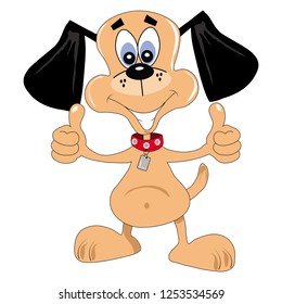 Der Hund hat große Ohren, die in beiden Händen stehen und Daumen zeigen, der Hund lächelt glücklich