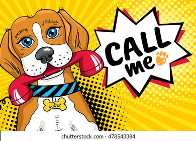  Funny dog with big sad eyes holding red phone receiver in mouth and speech bubble with Call me lettering. Vector poster in retro comic pop art style.