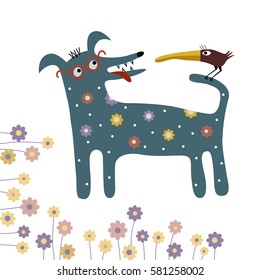 Funny dog and bird. Vector illustration
