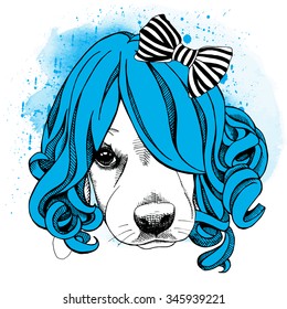 Funny dog in a blue female wig with bow. Vector illustration.