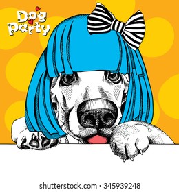 Funny dog in a blue female wig with bow on yellow background. Vector illustration.