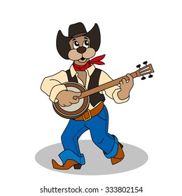 Funny dog in blue jeans and hat plays banjo. Vector cartoon characters