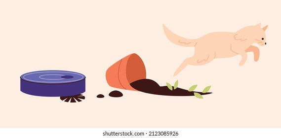 Funny dog breaks flower pot and robot vacuum cleaner cleans it up. Smart home and domestic pets concept art. Isolated flat vector illustration. Design element.
