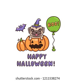 Funny dog breed pug in pumpkin and inscription Happy Halloween. It can be used for sticker, patch, phone case, poster, t-shirt, mug etc.