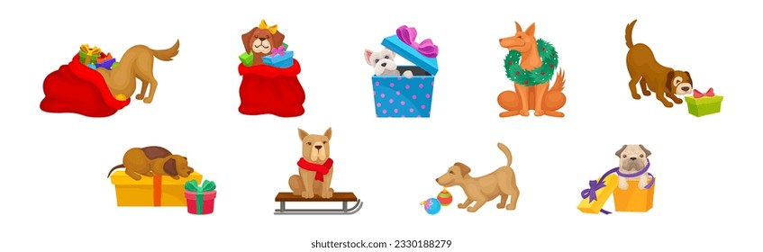Funny Dog Breed with Winter Holiday Symbols Vector Set