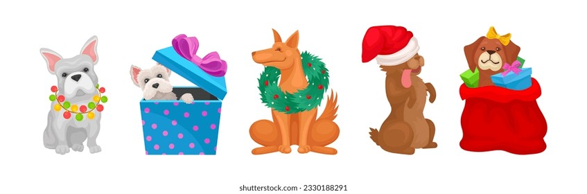 Funny Dog Breed with Winter Holiday Symbols Vector Set