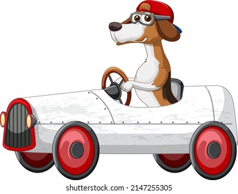 Funny dog cartoon character driving car on white background illustration