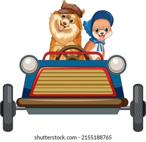 Funny dog cartoon character driving car on white background illustration