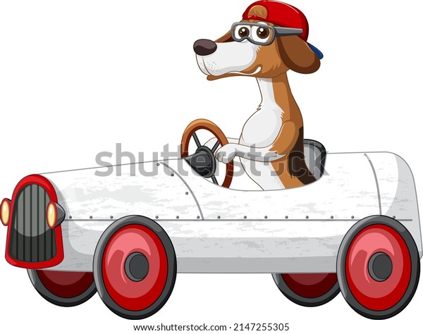 Funny dog cartoon character driving car on\
white background\
illustration