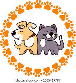 funny dog with a cat and a frame of footprints