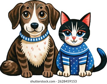 Funny Dog and Cat Sitting Calmly Together Cute vector Ideal for Animal Blogs, Pet Content, Social Media, Advertising Campaigns illustration