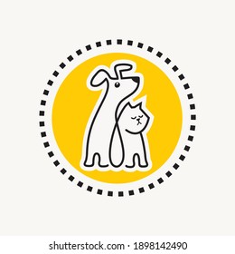 Funny dog and cat sitting together line drawing emblem