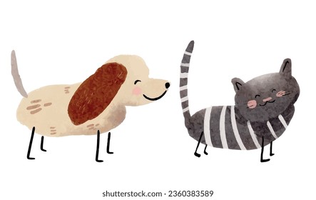 Funny dog and cat, vector illustrations, hand drawn. Cute Watercolor elements, ready to print. Perfect for invitation, nursery design, children products, baby shower decorations