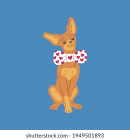 Funny dog character with bow with hearts, flat vector illustration isolated.