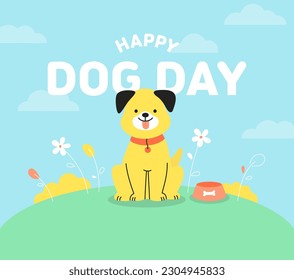 Funny dog character. International dog day. Small cute pappy. Pet food bowl. Flower garden. Web banner template, Poster, Card, Book cover. Cartoon style. Trendy flat design. Simple vector illustration