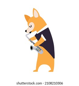 Funny Dog Character Playing Saxophone Performing Concert Vector Illustration