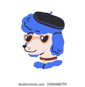 Funny dog character in sunglasses and beret. Cute chic anthropomorphic poodle. Stylish classy comic canine avatar. Modern fashion animal portrait. Flat vector illustration isolated on white background