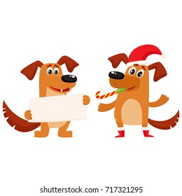 Funny dog characters, one in Christmas hat, another holding blank board for greeting, cartoon vector illustration isolated on white background. Couple of funny dog characters, Christmas celebration