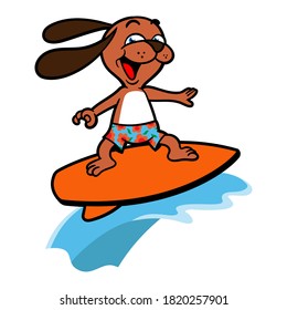 Funny dog characters play surfing on the beach good for sticker, decoration, and T-shirt design for Children, Cartoon Vector