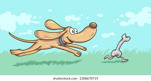 funny dog chases a bone in the park