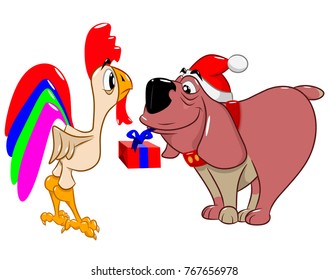 Funny dog in a Christmas hat gives a gift to a cock, vector illustration