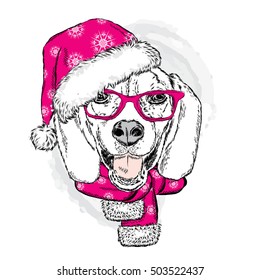 Funny Dog in Christmas hat. Vector illustration. Christmas and New Year.