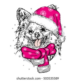 Funny Dog in Christmas hat. Vector illustration. Christmas and New Year.