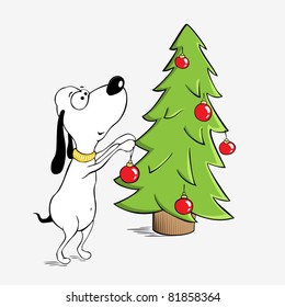 Funny dog and Christmas tree