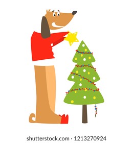 Funny dog and Christmas tree. Flat