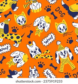 Funny dog in clothes seamless pattern. Bright colorful comic doggy background with various cartoon dogs, woof inscription, paw print, bone. Vector illustration.