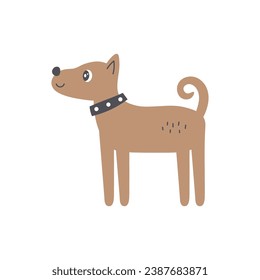 Funny dog in collar. Cute cartoon puppy side view. Character design. Minimalistic flat style. Vector illustration on white background.