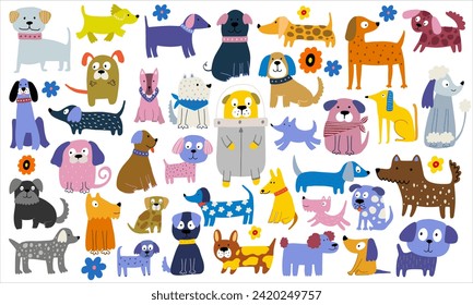 Funny dog, colorful flat illustration. Cute doggy collection, diverse domestic dogs.